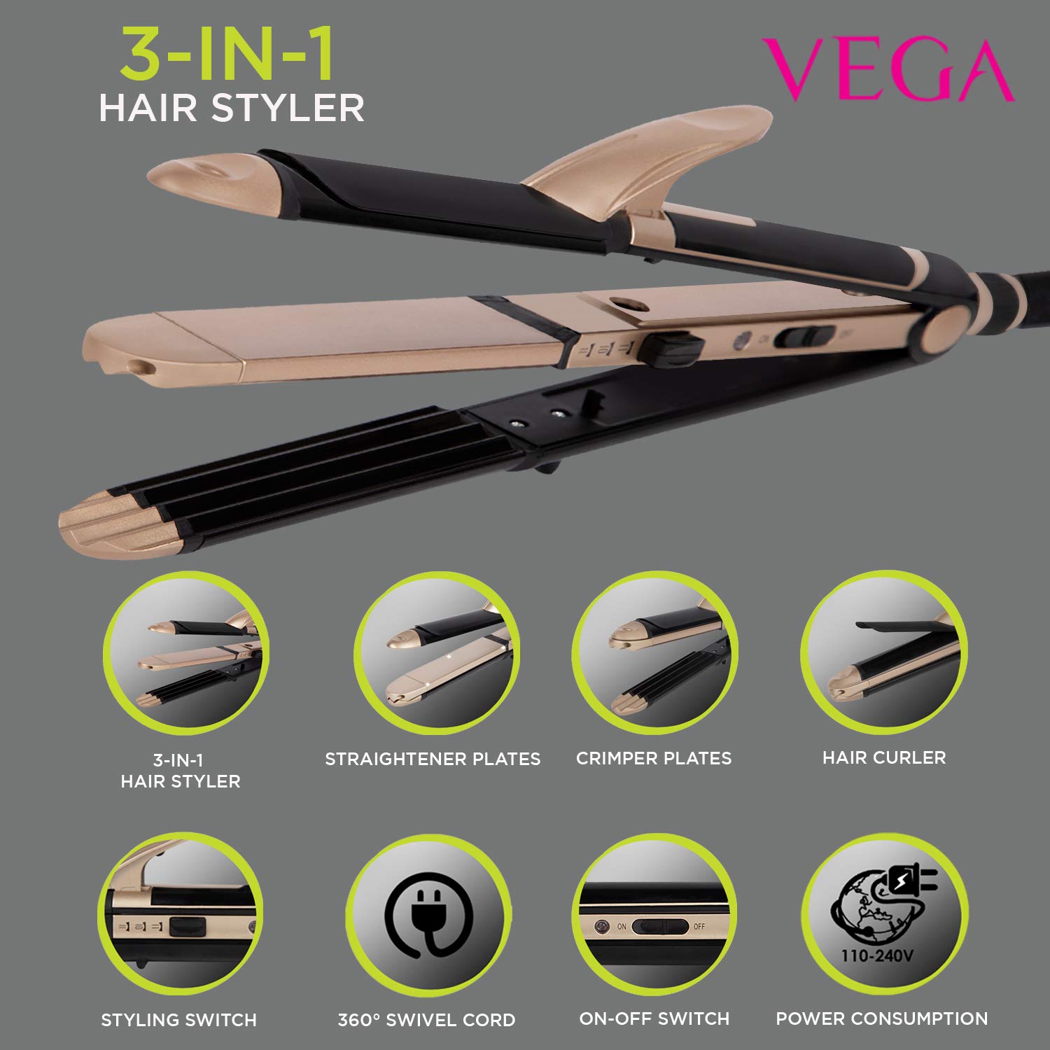 VEGA 3 in 1 Hair Styler - Straightener, Curler and Crimper (VHSCC-01),  Black - Spas And Salons India