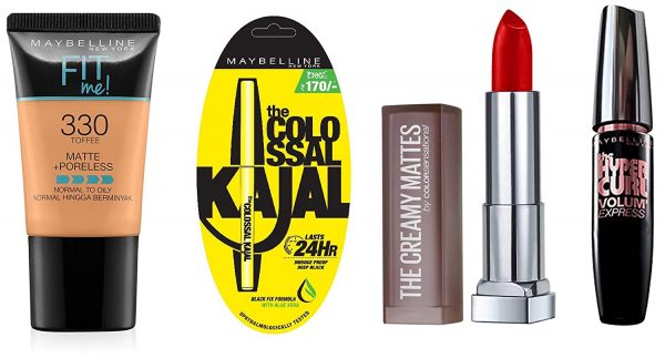 Maybelline New York Date Night Makeup Kit - Fit Me Foundation Tube Toffee + Hypercurl Mascara Washable + Colossal Kajal + Creamy Matte Siren in Scarlet